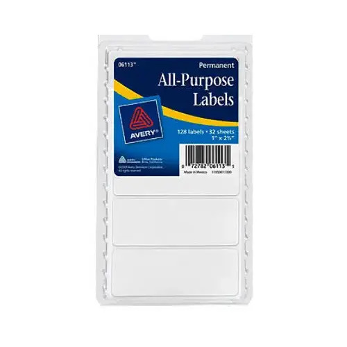All-Purpose Labels, White, Rectangle, 1 x 2.75 In., 128-Ct. All-Purpose Labels, White, Rectangle, 1 x 2.75 In., 128-Ct.
