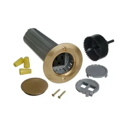 Single Gang Drop-In Floor Electrical Box Kit, Low Voltage, Brass Cover Metallic