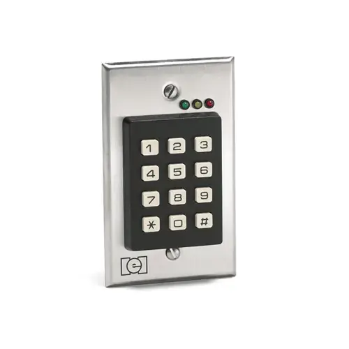 Affordable single door access control keypad designed to meet the indoor flush mount needs of lighter volume access control environments There are three LEDs to indicate operation status and provide 