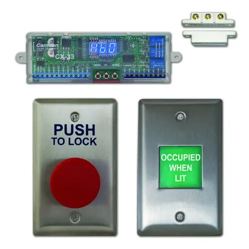 Restroom Control Kit, Push Button and Annunciator System, Including CX-33 Andvanced Logic Control, CM-400R/8 Mushroom "PUSH TO LOCK" Button, CM-AF500 Single Gang LED Annunciator, CX-MDA Magnetic Door Contact Restroom Control Kit, Push Button and Annunciator System, Including CX-33 Andvanced Logic Control, CM-400R/8 Mushroom "PUSH TO LOCK" Button, CM-AF500 Single Gang LED Annunciator, CX-MDA Magnetic Door Contact