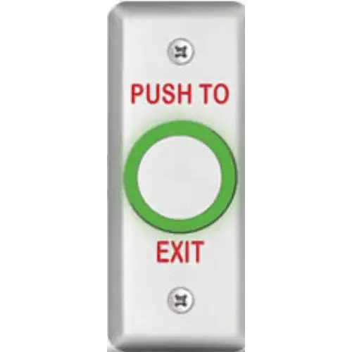 Vandal Resistant Stainless Steel Exit Switch, Narrow, Integrated 1-30 Second Timer, 12/24VDC, NO/NC 2A Contact, "PUSH TO EXIT Vandal Resistant Stainless Steel Exit Switch, Narrow, Integrated 1-30 Second Timer, 12/24VDC, NO/NC 2A Contact, "PUSH TO EXIT