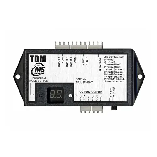 Universal Time Delay Module Provides Up to 4 Inputs that Can be Converted to Sequential Relay Outputs. Each Output Is Adjustable 0-99 Seconds. TDM Can Add Additional Time Of 0-99 Seconds, Sequence Electric Locks and Automatic Doors.
