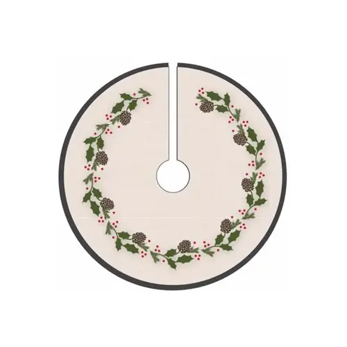 Indoor Christmas Decor Multicolored Faux Linen with Wreath Print Tree Skirt Multicolored