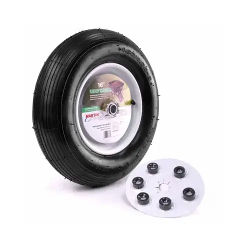 Wheelbarrow Wheel with Universal Hub, 4.8 x 4/8 in Tire, 16 in Dia Tire, Ribbed Tread