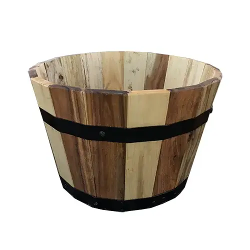 Wood Barrel Wood Planter, 13 x 8.25-In. Natural