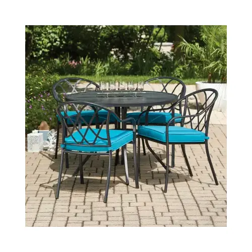 Clearwater 5-Pc. Patio Dining Set, 4 Stacking Chairs, Slat Top Table, Black Steel, Teal Fabric Clearwater 5-Pc. Patio Dining Set, 4 Stacking Chairs, Slat Top Table, Black Steel, Teal Fabric