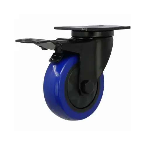 Swivel Caster with Brake, 4 in Dia Wheel, TPU Wheel, Black/Blue, 300 lb Swivel Caster with Brake, 4 in Dia Wheel, TPU Wheel, Black/Blue, 300 lb