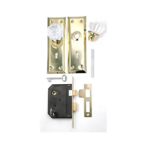Door Knob & Mortise Lock Combo, Brass-Plated Steel & Glass Knobs