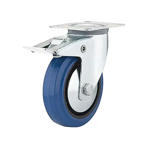 Swivel Plate Caster With Full Lock Brake, Elastic Rubber, Blue, 5-In. Swivel Plate Caster With Full Lock Brake, Elastic Rubber, Blue, 5-In.