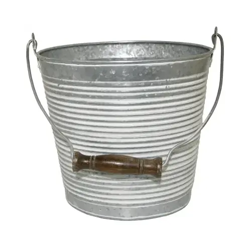 Planter With Handle, White Wash Ribbed Metal, 10-In. Planter With Handle, White Wash Ribbed Metal, 10-In.
