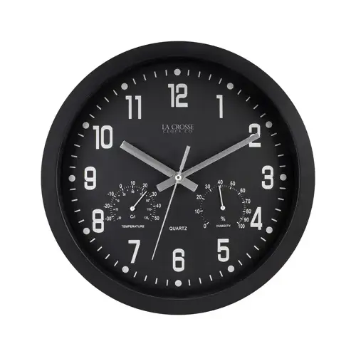 Quartz Wall Clock, Black, With Temp/Humidity, 12 In. Quartz Wall Clock, Black, With Temp/Humidity, 12 In.