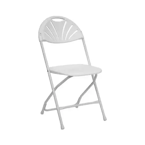 Fanback Folding Chair, White Plastic, Metal Frame