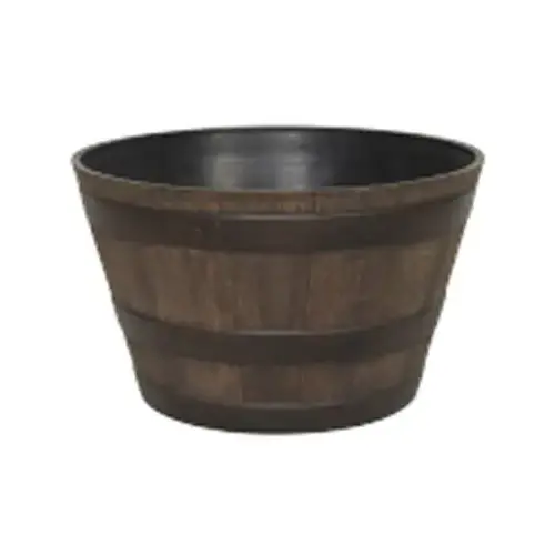 Planter, 15.4 in W, 15.4 in D, Whiskey Barrel Design, Resin, Kentucky Walnut Planter, 15.4 in W, 15.4 in D, Whiskey Barrel Design, Resin, Kentucky Walnut