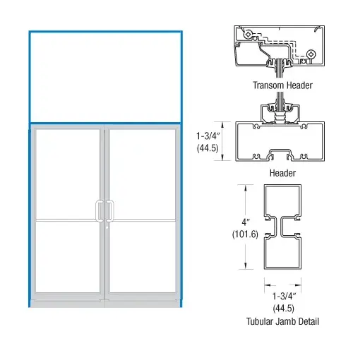 Clear Anodized 75-1/2" x 85-3/4" 400 Series Transom Double Door Frame for Offset Pivot Using Surface Mount Closer Clear Anodized 75-1/2" x 85-3/4" 400 Series Transom Double Door Frame for Offset Pivot Using Surface Mount Closer