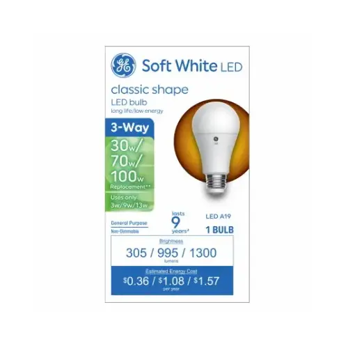 Basic Series Light Bulb, Three-Way, A19 Lamp, 100 W Equivalent, DC Medium Lamp Base, Frosted, Soft White