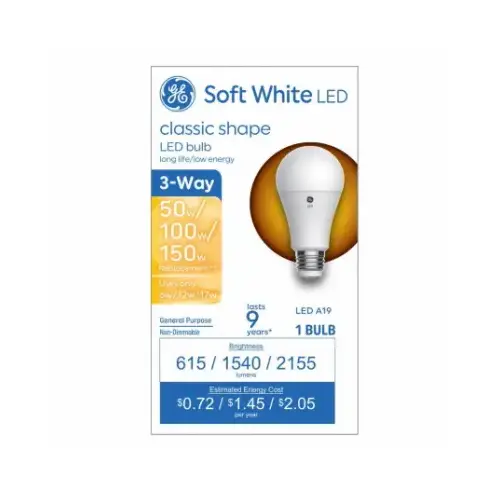 LED Bulb, 3-Way, A19 Lamp, 50/100/150 W Equivalent, Medium Lamp Base, Soft White Light, 2700 K Color Temp LED Bulb, 3-Way, A19 Lamp, 50/100/150 W Equivalent, Medium Lamp Base, Soft White Light, 2700 K Color Temp
