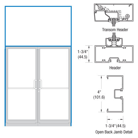 CRL-U.S. Aluminum 0A3221172 Clear Anodized Double Door 75-1/2" x 126" 400 Series Transom Frame for Offset Pivots Using Surface Mount Closers