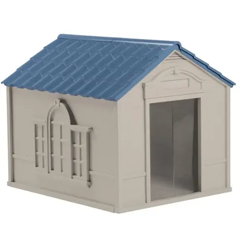Dog House, 38-1/2 in OAL, 33 in OAW, 32 in OAH, Resin, Blue/Taupe Dog House, 38-1/2 in OAL, 33 in OAW, 32 in OAH, Resin, Blue/Taupe