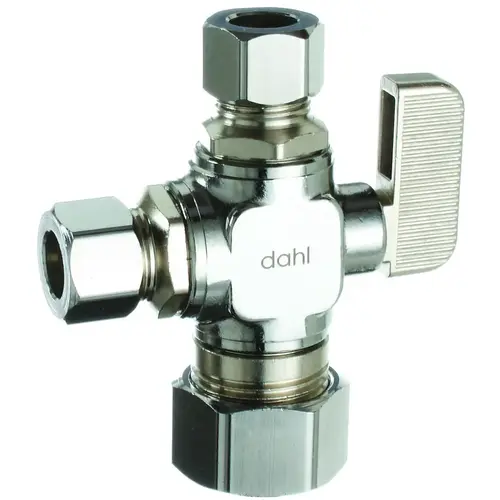 Ball Valve, 5/8 x 3/8 x 3/8 in Connection, Compression, Manual Actuator, Brass Body Chrome