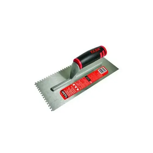 Adhesive Trowel, 11 in L Blade, 4-1/2 in W Blade, HCS Blade, Square Notch End, FlexFit Grip Handle Adhesive Trowel, 11 in L Blade, 4-1/2 in W Blade, HCS Blade, Square Notch End, FlexFit Grip Handle