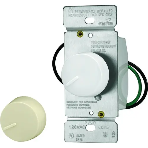 Rotary Dimmer, 120 V, 600 W, Halogen, Incandescent Lamp, Single-Pole, Ivory/White