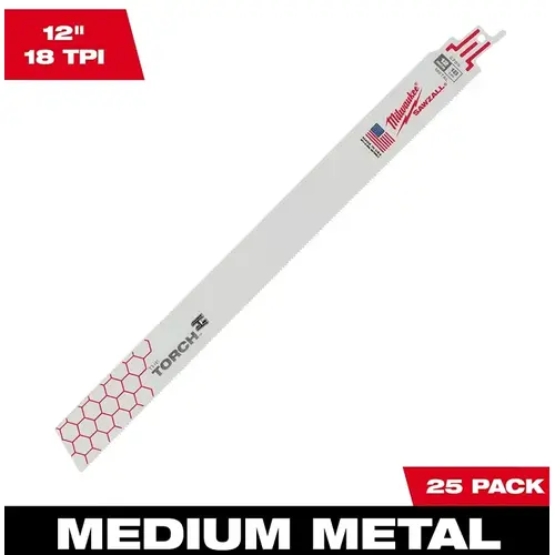 SAWZALL TORCH Reciprocating Saw Blade, 1 in W, 12 in L, 18 TPI, Bi-Metal Cutting Edge White - pack of 25 SAWZALL TORCH Reciprocating Saw Blade, 1 in W, 12 in L, 18 TPI, Bi-Metal Cutting Edge White - pack of 25
