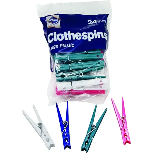 Clothespin, Plastic, Blue/Green/Pink/White - pack of 24