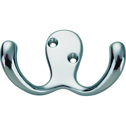 Coat and Hat Hook, 22 lb, 2-Hook, 7/8 in Opening, Zinc, Chrome Silver