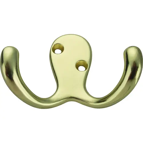 Coat and Hat Hook, 22 lb, 2-Hook, 7/8 in Opening, Zinc, Polished Brass Gold