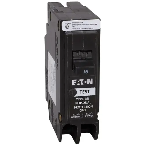 Circuit Breaker, GFCI, Type BR, 15 A, 1 -Pole, 120 VAC, Center, Long Time, Instantaneous Trip