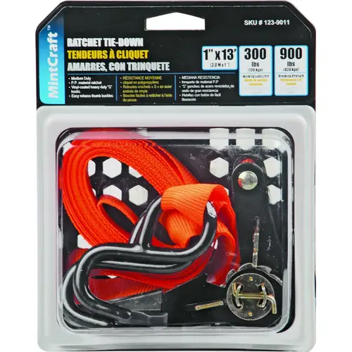 Tie-Down, 1 in W, 13 ft L, Polyester Webbing, Metal Ratchet, Orange, 300 lb, S-Hook End Fitting Tie-Down, 1 in W, 13 ft L, Polyester Webbing, Metal Ratchet, Orange, 300 lb, S-Hook End Fitting