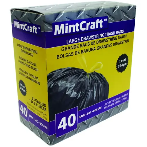 Trash Bag, 33 gal Capacity, Black - pack of 40