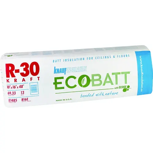 Insulation, 48 in L, 16 in W, R30 R-Value, Fiberglass, Natural Brown - pack of 13