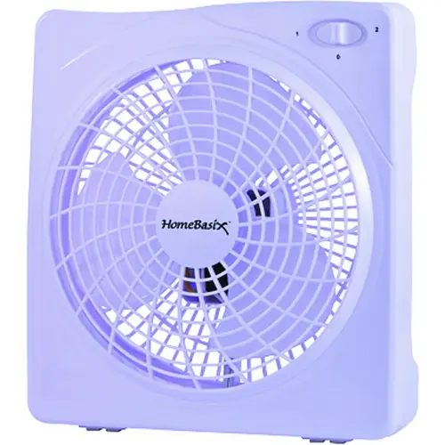 Box Fan, 120 VAC, 10 in Dia Blade, 3-Blade, 3-Speed, 3 Speed, White