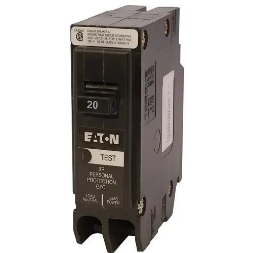Circuit Breaker, GFCI, Type BR, 20 A, 1 -Pole, 120 VAC, Center, Long Time, Instantaneous Trip Circuit Breaker, GFCI, Type BR, 20 A, 1 -Pole, 120 VAC, Center, Long Time, Instantaneous Trip