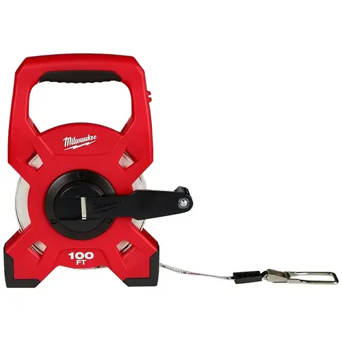 Tape Measure, 100 ft L Blade, 1/2 in W Blade, Fiberglass Blade, ABS Case, Black/Red Case Tape Measure, 100 ft L Blade, 1/2 in W Blade, Fiberglass Blade, ABS Case, Black/Red Case