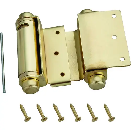 Spring Hinge, Steel, Satin Brass, Tension Pin, 180 deg Range of Motion, Screw Mounting, 12 lb Spring Hinge, Steel, Satin Brass, Tension Pin, 180 deg Range of Motion, Screw Mounting, 12 lb