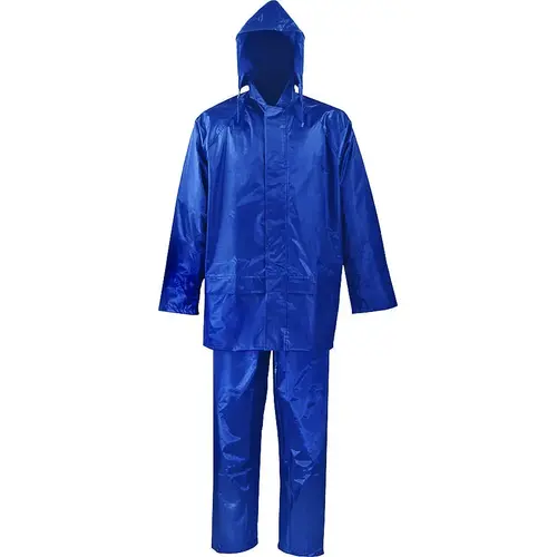 Rain Suit, M, 28-1/2 in Inseam, Polyester, Blue, Drawstring Pull-Out Hood Collar Rain Suit, M, 28-1/2 in Inseam, Polyester, Blue, Drawstring Pull-Out Hood Collar