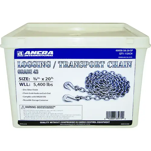 Transport Chain Assembly with Clevis Hook, 3/8 in, 20 ft L, 5400 lb Working Load, 43 Grade Silver Chrome Transport Chain Assembly with Clevis Hook, 3/8 in, 20 ft L, 5400 lb Working Load, 43 Grade Silver Chrome