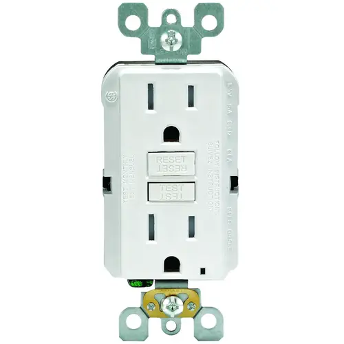GFCI Duplex Receptacle, 2 -Pole, 15 A, 125 V, Back, Side Wiring, NEMA: 5-15R, White GFCI Duplex Receptacle, 2 -Pole, 15 A, 125 V, Back, Side Wiring, NEMA: 5-15R, White