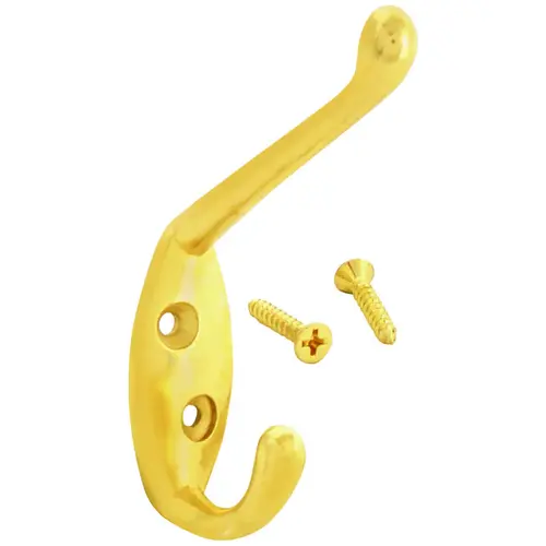 Coat and Hat Hook, 22 lb, 2-Hook, 1-1/64 in Opening, Zinc, Polished Brass Gold Coat and Hat Hook, 22 lb, 2-Hook, 1-1/64 in Opening, Zinc, Polished Brass Gold