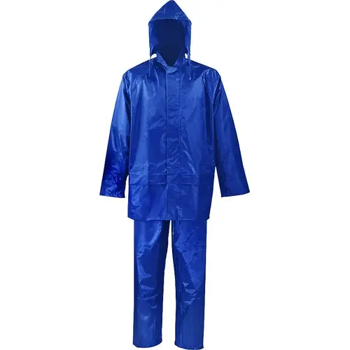 Rain Suit, 2XL, 31-1/2 in Inseam, Polyester, Blue, Drawstring Pull-Out Hood Collar Rain Suit, 2XL, 31-1/2 in Inseam, Polyester, Blue, Drawstring Pull-Out Hood Collar