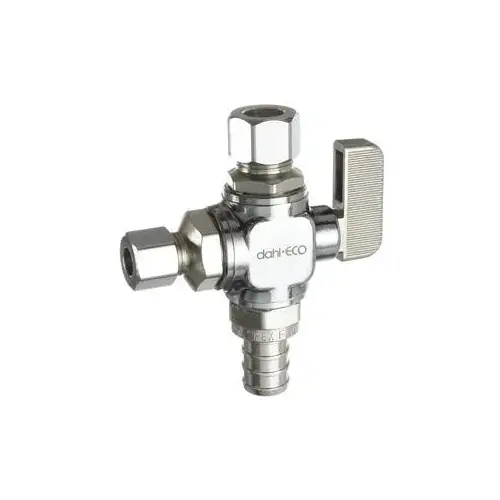 mini-ball Straight Dual Outlet Valve, 1/2 x 3/8 x 1/4 in Connection, 250 psi Pressure, Brass Body Chrome mini-ball Straight Dual Outlet Valve, 1/2 x 3/8 x 1/4 in Connection, 250 psi Pressure, Brass Body Chrome