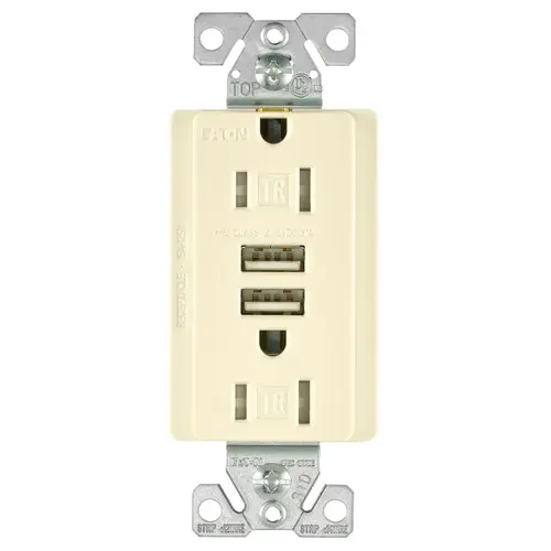 TR7755LA-K Combination USB Receptacle, 2 -Pole, 3.1 A USB, 15 A Receptacle, 125 VAC Receptacle, 5 VDC USB Light Almond TR7755LA-K Combination USB Receptacle, 2 -Pole, 3.1 A USB, 15 A Receptacle, 125 VAC Receptacle, 5 VDC USB Light Almond