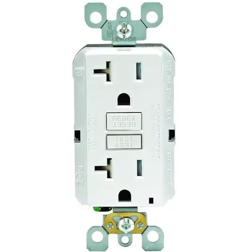 GFCI Duplex Receptacle, 2 -Pole, 20 A, 125 V, Back, Side Wiring, NEMA: 5-20R, White GFCI Duplex Receptacle, 2 -Pole, 20 A, 125 V, Back, Side Wiring, NEMA: 5-20R, White
