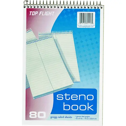 Steno Pad, Rule Sheet, 6 in L x 9 in W Sheet, 80-Sheet, White Sheet, Wirebound Binding