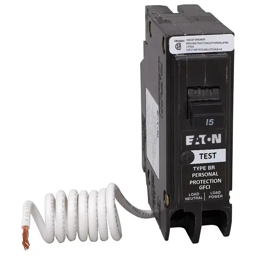 Circuit Breaker, GFCI, Type BR, 15 A, 1 -Pole, 120 VAC, Center, Long Time, Instantaneous Trip