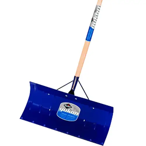 U Snow Pusher, 24 in W Blade, Steel Blade, Wood Handle, Straight Handle, 48 in L Handle, Blue