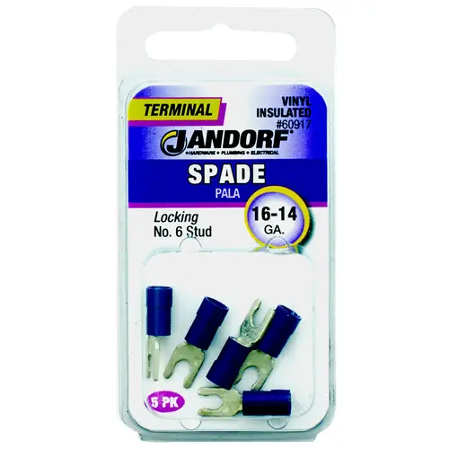 Spade Terminal, 600 V, 16 to 14 AWG Wire, #6 Stud, Vinyl Insulation, Copper Contact, Blue
