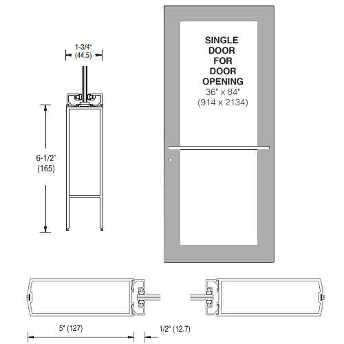 CRL-U.S. Aluminum DC51711L036 Clear Anodized 550 Series Wide Stile (RHR) HRSO Single 3'0 x 7'0 Center Hung for OHCC w/Standard Push Bars Complete Door Std. MS Lock & Bottom Rail